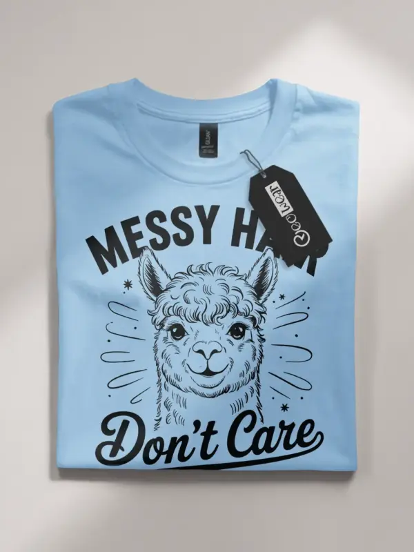 light blue flatlay messy hair dont care alpaca t-shirt close-up