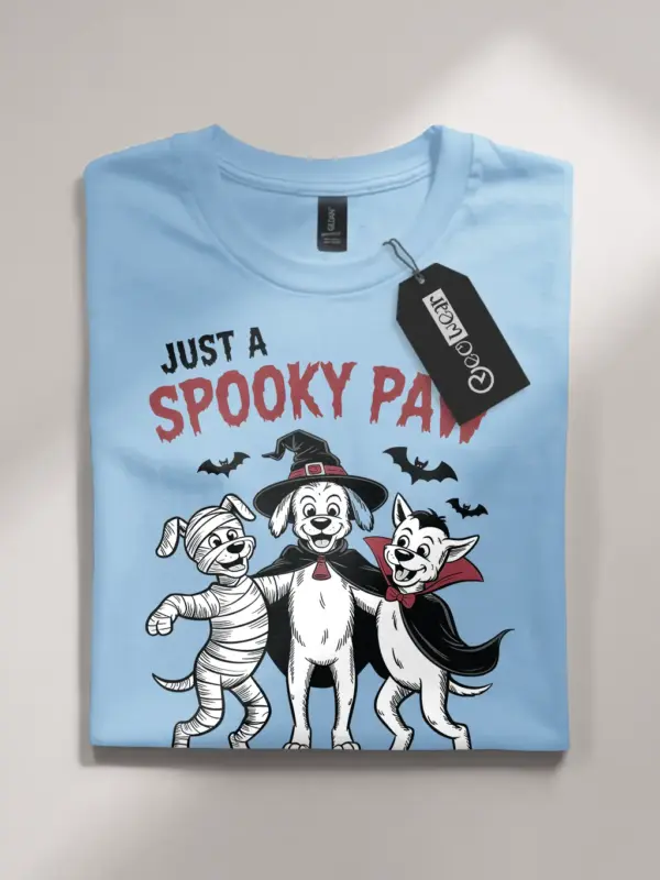 light blue flatlay front – spooky dog Halloween t-shirt with vampire and witch design