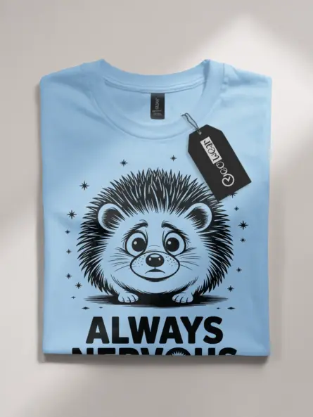 light blue flatlay Front of shirt with anxious hedgehog, always nervous hedgehog t-shirt