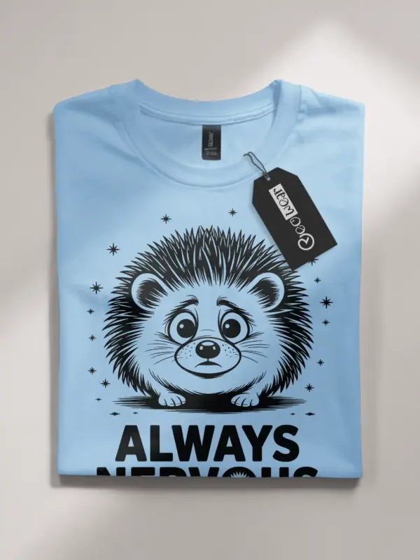 light blue flatlay Front of shirt with anxious hedgehog, always nervous hedgehog t-shirt