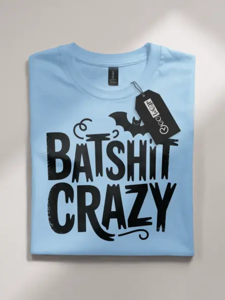 Light Blue front view – Modern gothic batshit crazy t-shirt in light blue