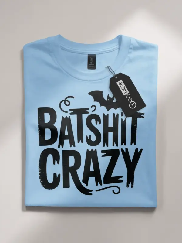 Light Blue front view – Modern gothic batshit crazy t-shirt in light blue