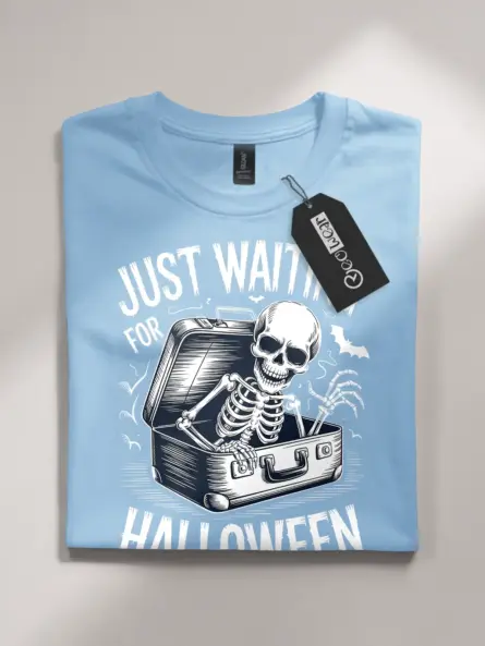 front – spooky skeleton waiting for Halloween t-shirt with light blue flatlay and white contrast