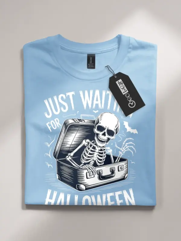 front – spooky skeleton waiting for Halloween t-shirt with light blue flatlay and white contrast