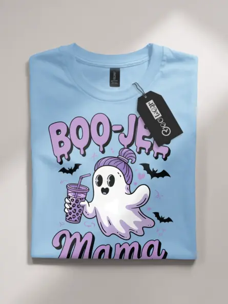 Light Blue front view – iced coffee mom Boo-Jee Mama t-shirt light blue
