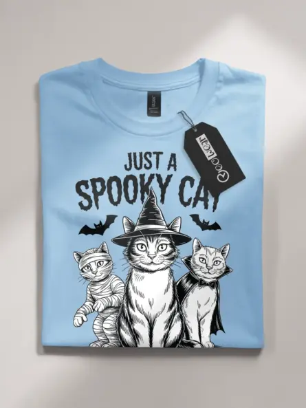 light blue flatlay front – spooky cat Halloween t-shirt with gothic cat art