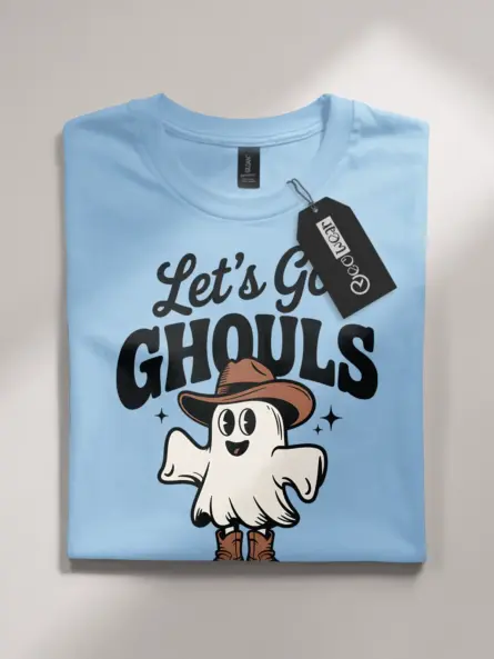 light blue flatlay front – cowboy ghost graphic on western ghost Halloween t-shirt