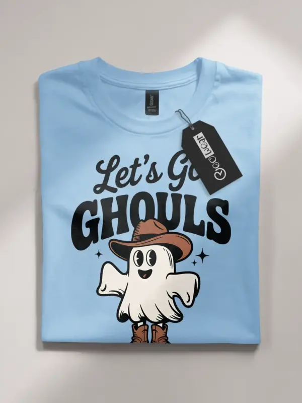 light blue flatlay front – cowboy ghost graphic on western ghost Halloween t-shirt
