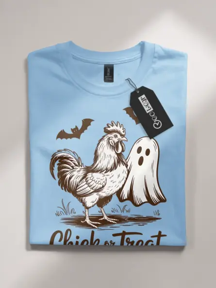 light blue flatlay front – vintage chicken ghost Halloween shirt Chick or Treat