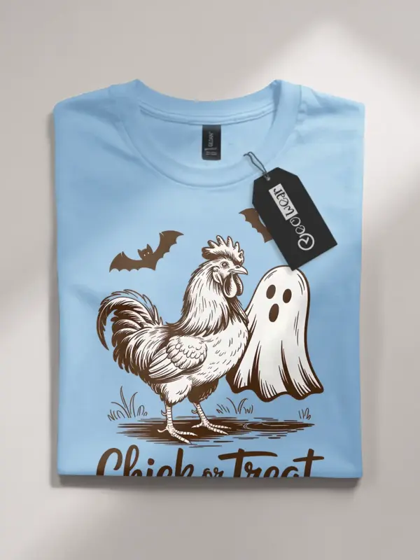 light blue flatlay front – vintage chicken ghost Halloween shirt Chick or Treat