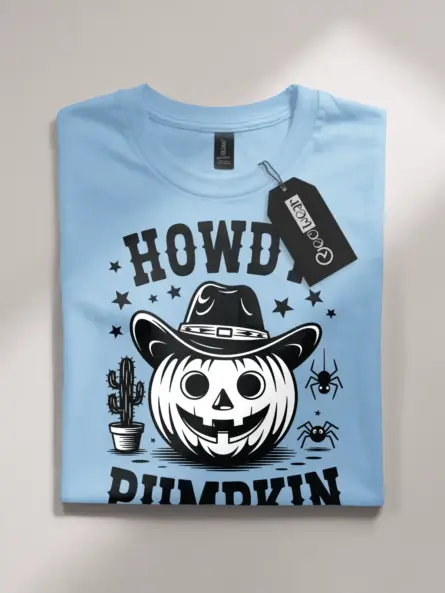 Light Blue front view – retro Western cowboy pumpkin Halloween shirt light blue