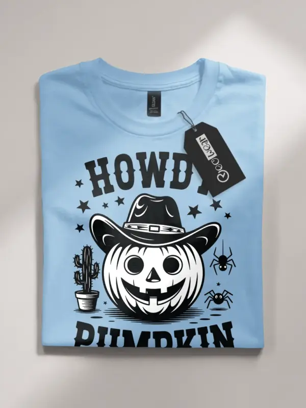 Light Blue front view – retro Western cowboy pumpkin Halloween shirt light blue