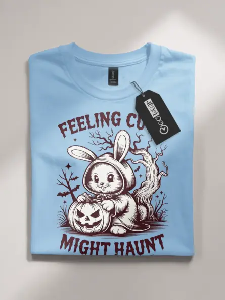 front – vintage cute bunny Halloween shirt light blue flatlay color