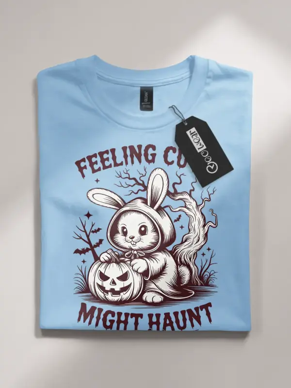 front – vintage cute bunny Halloween shirt light blue flatlay color