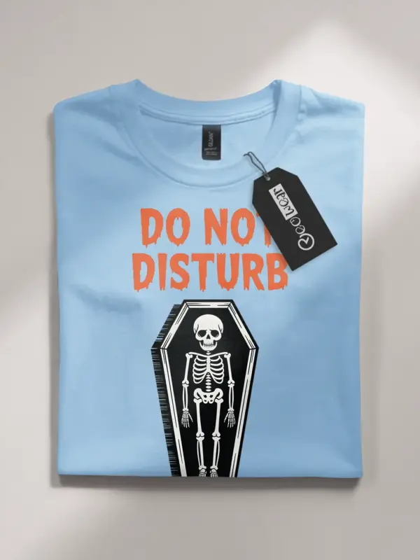 light blue flatlay Shirt Front View – Do Not Disturb – do not disturb skeleton t-shirt