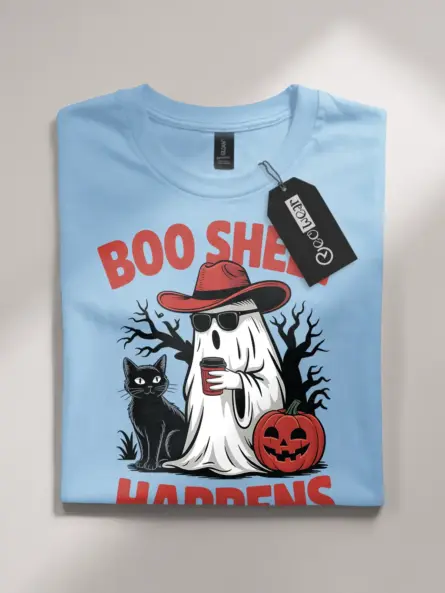 Light Blue front view – Western Halloween ghost shirt with coffee light blue