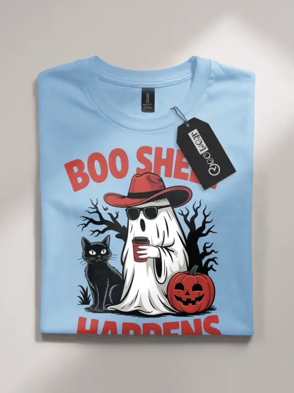 Light Blue front view – Western Halloween ghost shirt with coffee light blue