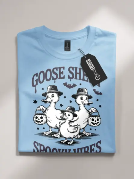 light blue flatlay front – Goose Sheet spooky vibes funny goose Halloween shirt