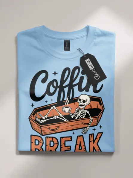 front – funny skeleton coffee Halloween shirt light blue flatlay