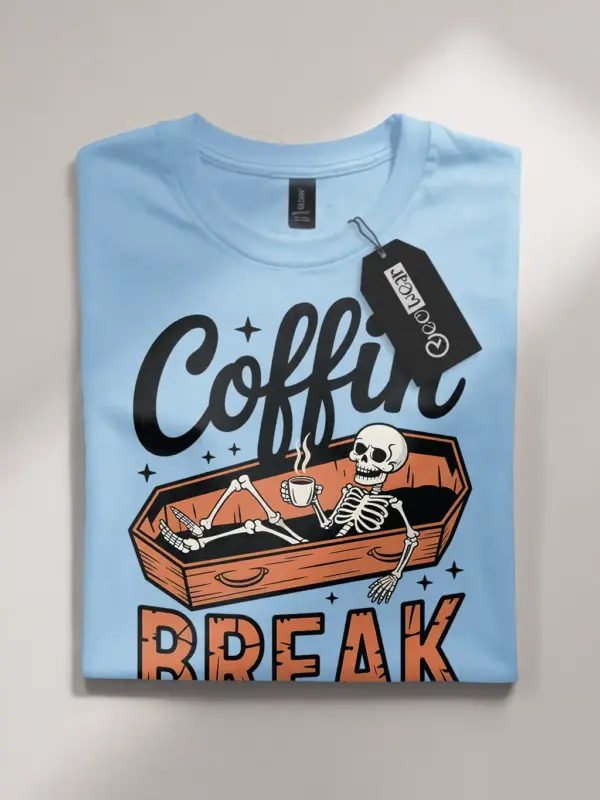 front – funny skeleton coffee Halloween shirt light blue flatlay