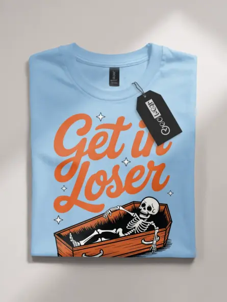 light blue flatlay Front View Get in Loser Shirt – Goth Skeleton Coffin T-Shirt