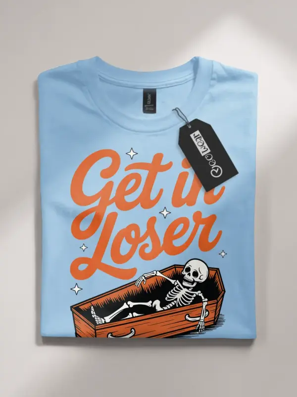 light blue flatlay Front View Get in Loser Shirt – Goth Skeleton Coffin T-Shirt
