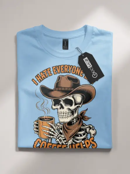 Grungy Skeleton Cowboy Coffee T-Shirt – Funny Anti-Social Vintage Tee - Image 4