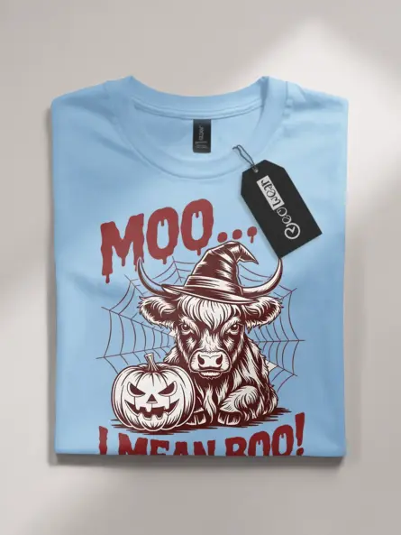 Light Blue front view – witch hat Highland cow Halloween shirt light blue