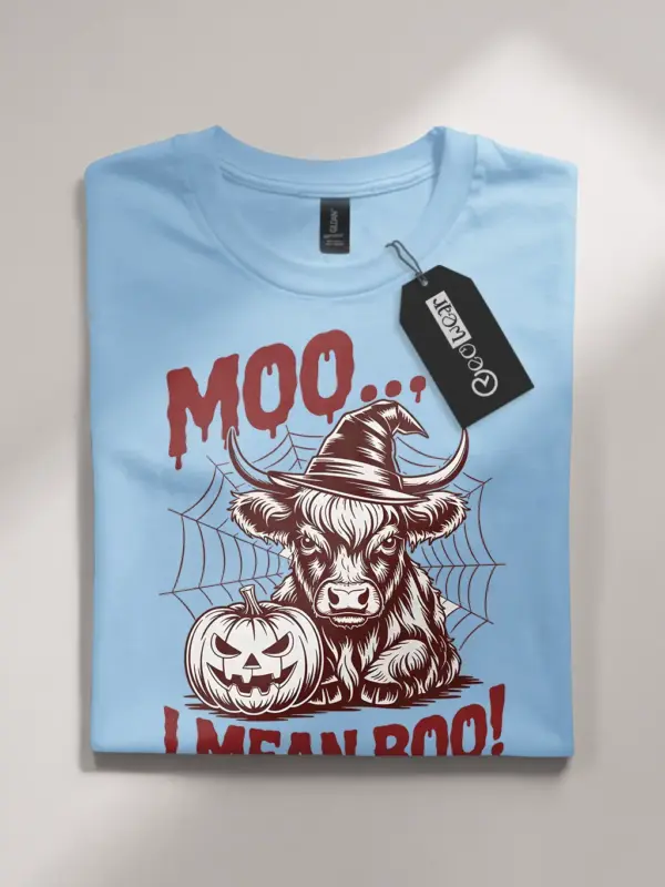 Light Blue front view – witch hat Highland cow Halloween shirt light blue