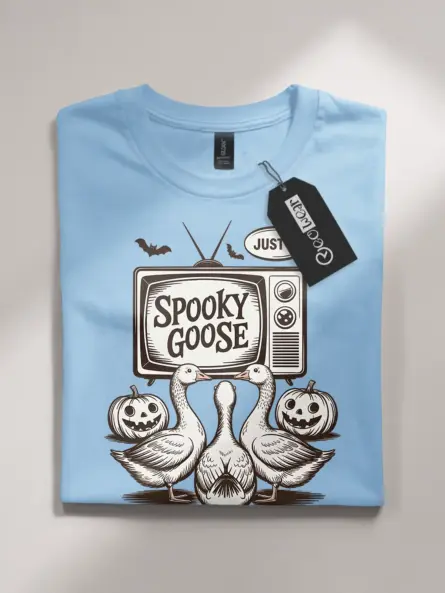 light blue flatlay front – vintage funny spooky goose Halloween t-shirt