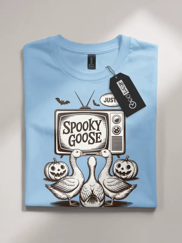 light blue flatlay front – vintage funny spooky goose Halloween t-shirt