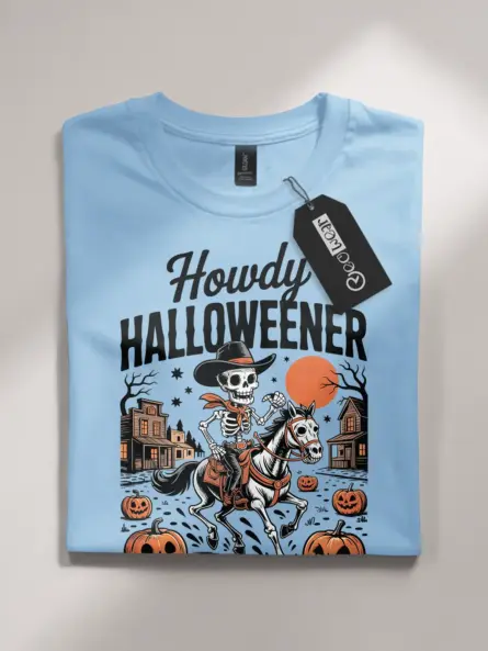 Light Blue front view – spooky cowboy skeleton Halloween shirt for Gen Z blue