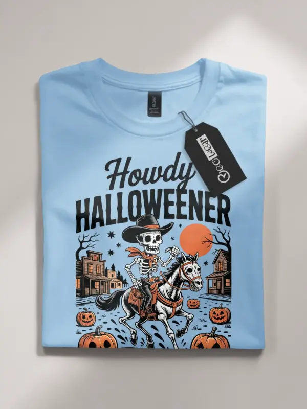 Light Blue front view – spooky cowboy skeleton Halloween shirt for Gen Z blue