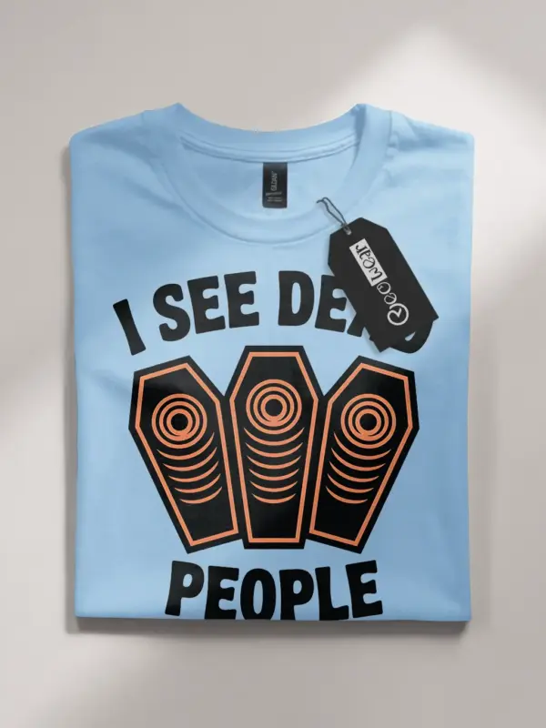 Front view light blue flatlay I See Dead People Coffin Halloween T-Shirt – vintage halloween apparel