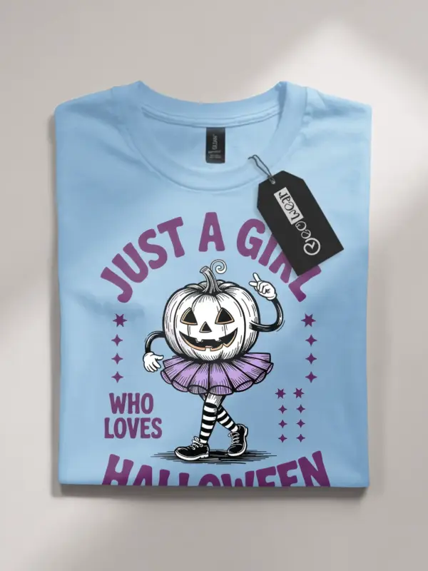 light blue flatlay front view – Just a Girl phrase cute pumpkin girl Halloween t-shirt