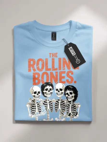 light blue front – The Rolling Bones skeleton band vintage Halloween rock band t-shirt