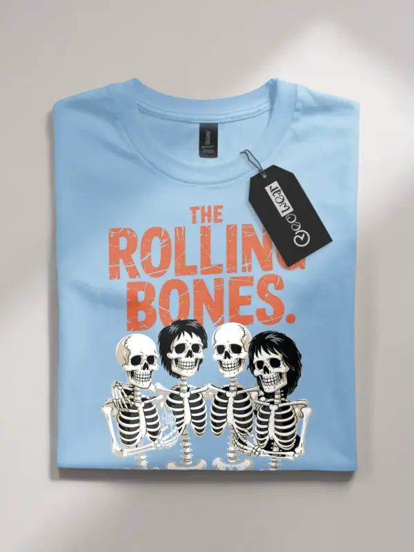 light blue front – The Rolling Bones skeleton band vintage Halloween rock band t-shirt