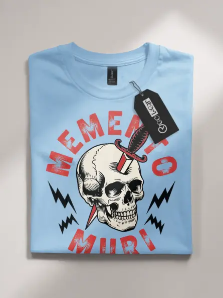 Front view light blue flatlay Memento Muri memento mori skull t-shirt – skull dagger retro tee