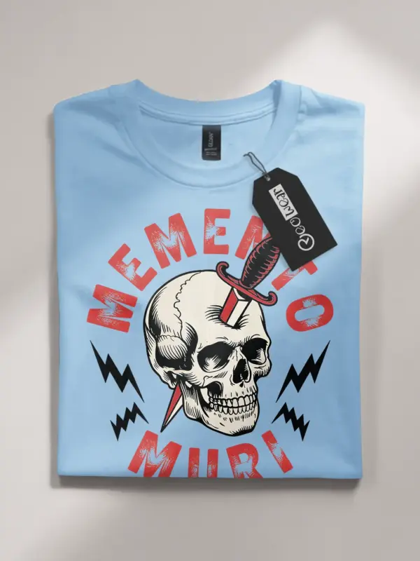 Front view light blue flatlay Memento Muri memento mori skull t-shirt – skull dagger retro tee