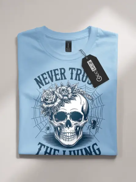 light blue flatlay front view – floral skull design alt tee – gothic skull floral t-shirt