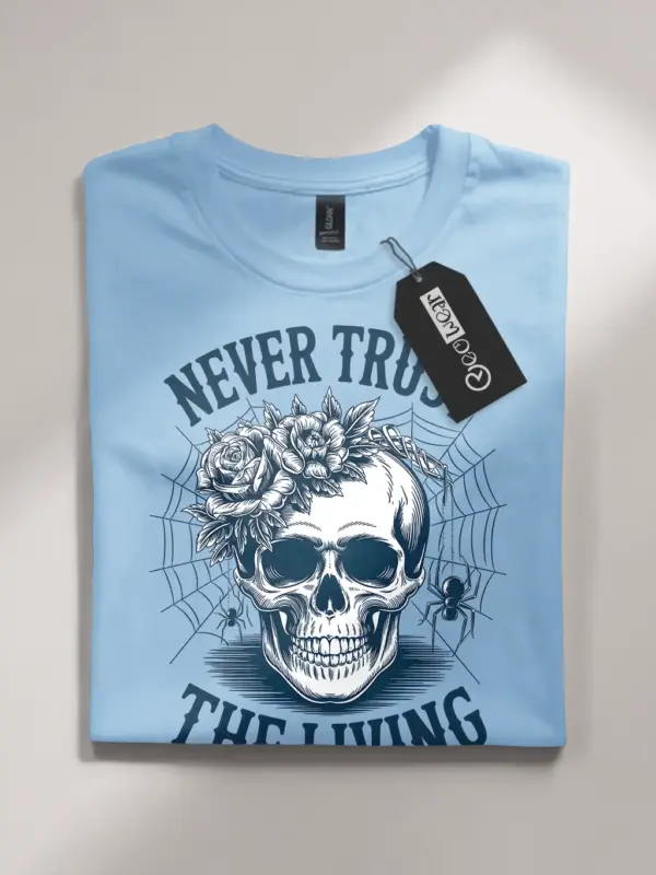 light blue flatlay front view – floral skull design alt tee – gothic skull floral t-shirt