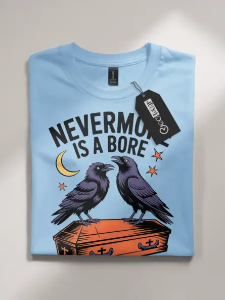 light blue flatlay front view – literary raven design shirt – gothic raven literary pun t-shirt