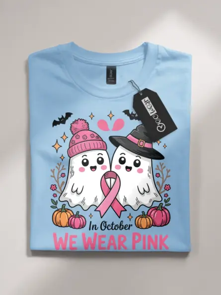 light blue flatlay – breast cancer awareness ghost shirt – pink ghost breast cancer shirt