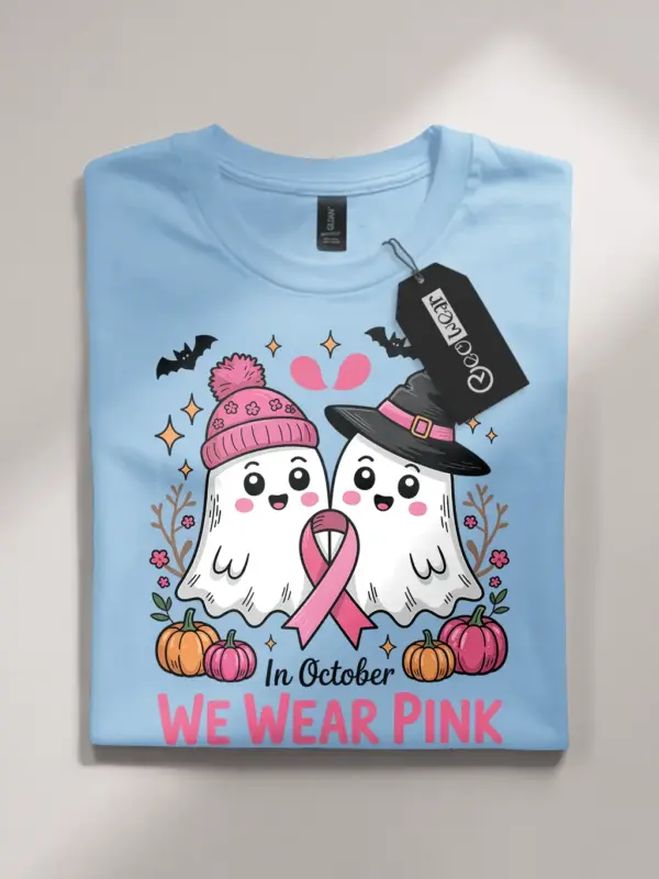 light blue flatlay – breast cancer awareness ghost shirt – pink ghost breast cancer shirt