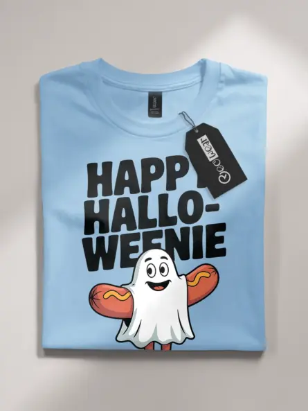 Playful Happy Halloweenie T-Shirt – Hot Dog Ghost Fun - Image 4