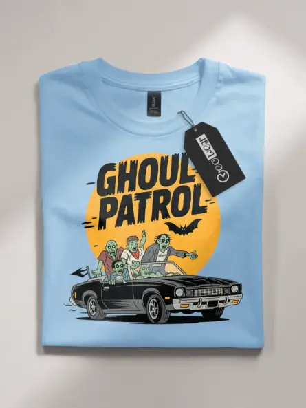 Front View light blue flatlay Ghoul Patrol Shirt – Retro Zombie Car T-Shirt