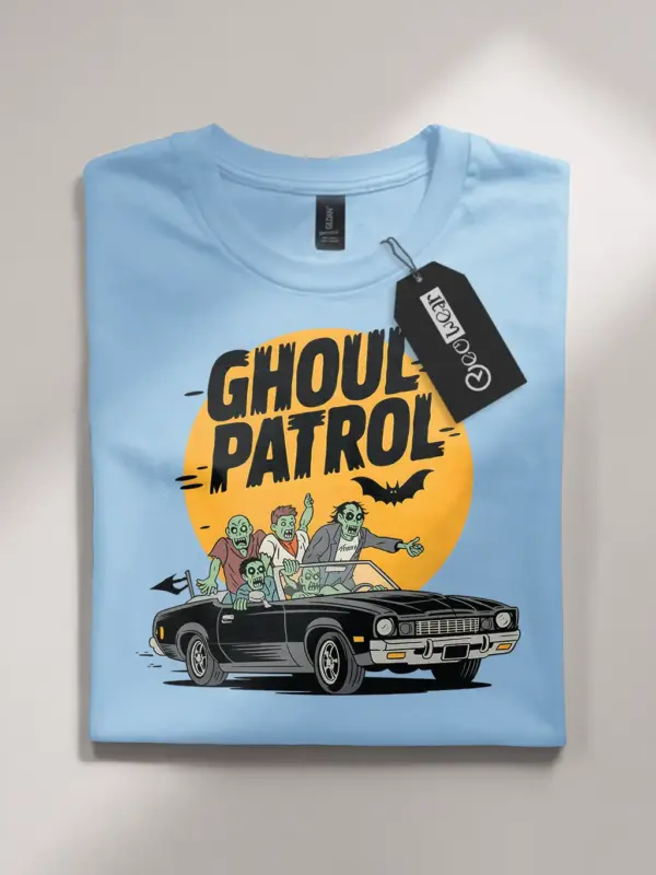 Front View light blue flatlay Ghoul Patrol Shirt – Retro Zombie Car T-Shirt