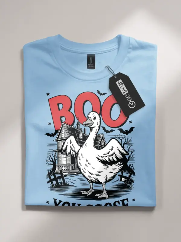Light Blue front view – spooky goose Halloween shirt with haunted house blue
