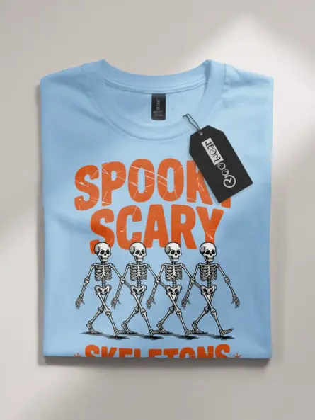 Light Blue front view – spooky scary skeletons dancing skeleton Halloween t-shirt