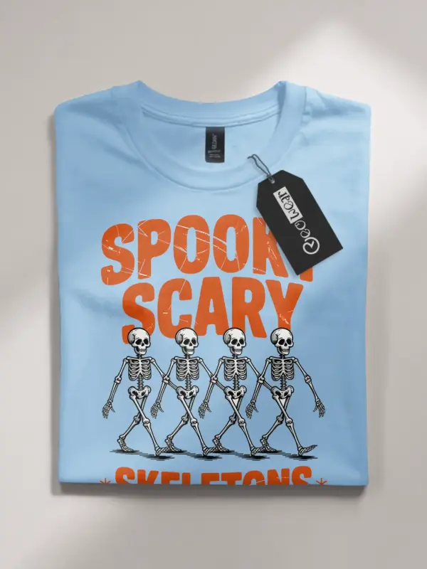 Light Blue front view – spooky scary skeletons dancing skeleton Halloween t-shirt